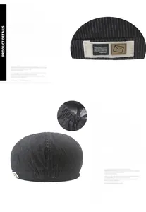 Detail of striped newsboy cap featuring side fabric label and adjustable elastic back band
