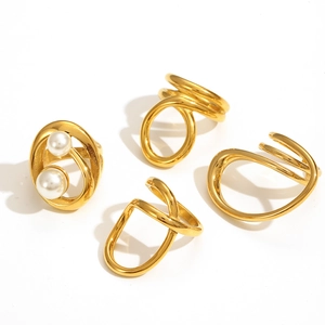 Set of four 18k gold plated geometric stainless steel rings with pearl accents
