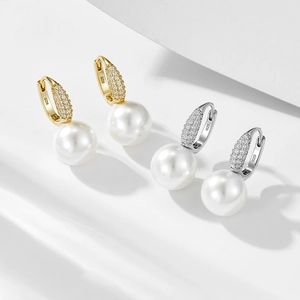 French style S925 silver pearl drop earrings with crystal pave in gold and silver finish