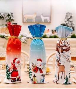 Detailed display of Christmas wine bottle covers with Santa, Snowman and Reindeer patterns
