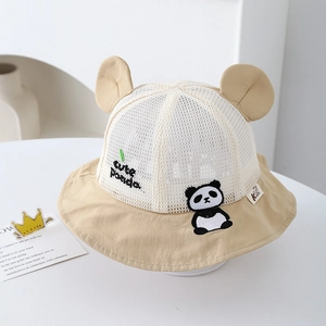 Detail showing breathable white mesh crown and cute panda embroidery on beige sun hat