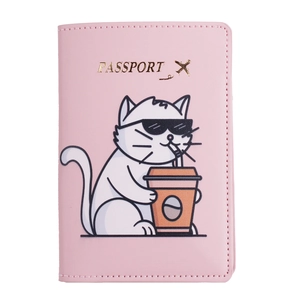 Detailed close-up of a pink PU leather passport holder with a cute cat drinking coffee