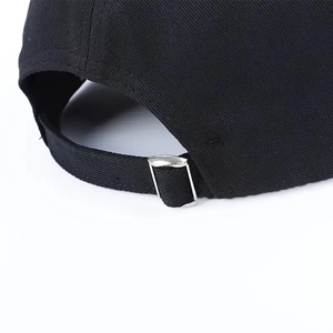 Adjustable black cotton baseball cap back view with silver metal buckle and strap