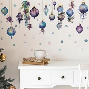 Purple dream Christmas wall stickers with snowflakes and festive ornaments on white wall