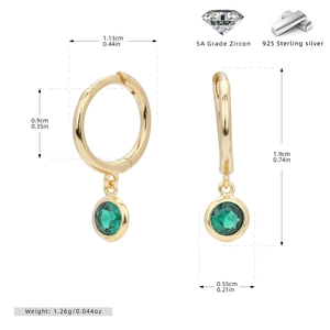 Detail view of 925 silver earrings with green zircon showing dimensions and weight info