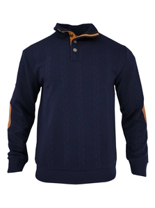 Close-up of navy knit polo shirt with orange elbow patches and cable stitch texture