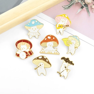 7-piece cute enamel pins set featuring cats with mushroom hats playing musical instruments