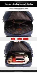 Deep blue leather backpack with three interior compartments for daily travel essentials