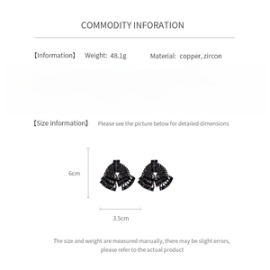 Detailed view of rhinestone bow earrings with blue zircon and exact dimensions