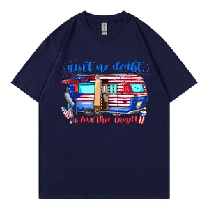 Dark blue crew neck t-shirt with vintage American camping car and fireworks print