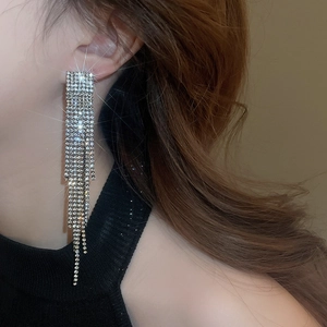 Close-up of model wearing long silver tassel earrings with sparkling rhinestones
