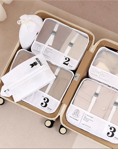 Mesh travel organizers in beige suitcase showing sizes M and L for orderly packing