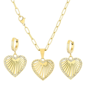 Golden hollow heart jewelry set with micro-paved crystals and paperclip chain necklace