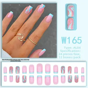 Pink and blue marble design press-on nails with 24 pieces in short square style