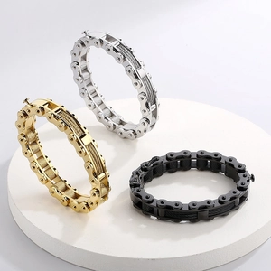 Industrial style bicycle chain bracelets in gold, silver, and black finishes for men