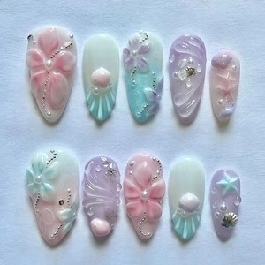 3D Relief Flower Shell Artificial Pearl Starfish Press On Nails Misty Pink Purple Gradient Elegant Ins Style Artificial Nails