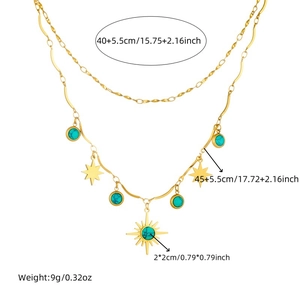 Double-layered golden stainless steel star necklace with turquoise stone and sun charm