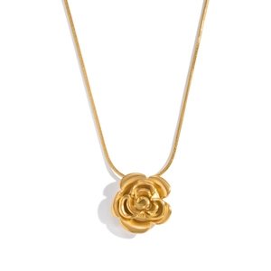 Elegant gold vintage rose flower pendant necklace with classic stainless steel snake chain