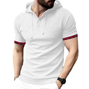 Men's white short sleeve hooded T-shirt with waffle texture and plaid cuff details