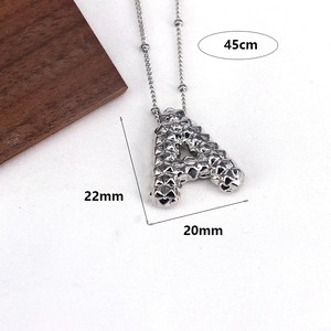 Detailed size view of silver letter A pendant with 22mm height and 45cm chain length