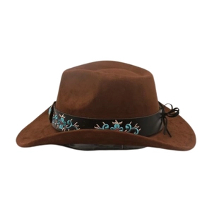Detailed view of brown suede western cowboy hat with turquoise floral embroidered band