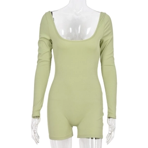 Slim fit long sleeve light green ribbed knit bodysuit with deep U-neck and bodycon silhouette