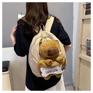 Rear view of a cute plush Capybara backpack in beige and brown nylon with furry details