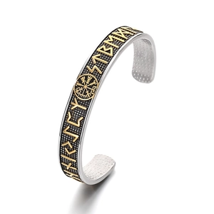 Silver Viking compass bangle with gold Futhark runes and textured stainless steel finish