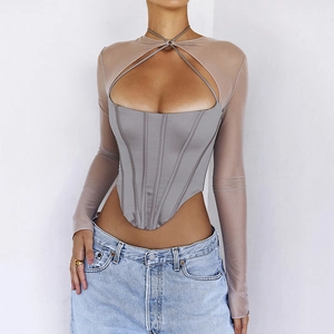 Women Sexy Grey Mesh Patchwork Corset Top Long Sleeve Sheer V Neck Halter Back Zipper Chic Streetwear Slim Fit Blouse