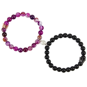 Couple Magnetic Attraction Bracelet Set Natural Stone Beaded Alloy Crown Charm Heart Clasp Elastic Jewelry Gift For Lovers