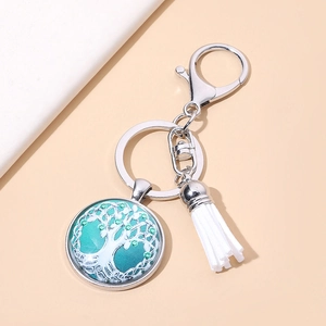 Tree of Life Glass Time Gem Keychain Silver Alloy Pendant With White Tassel For Car Bag Women Fashion Jewelry Accessory