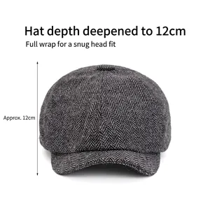 Classic grey tweed herringbone newsboy cap for men with a 12cm deep adjustable crown