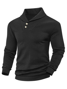 Close-up of black waffle textured knit fabric on mens polo collar long sleeve sweatshirt