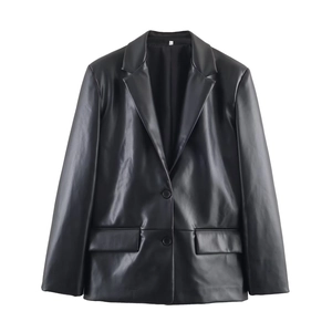 Women's faux leather black blazer featuring single-breasted buttons and classic lapel