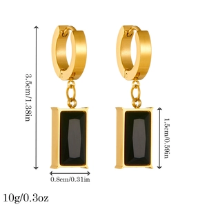 Golden rectangular stainless steel drop earrings with black gemstone and size labels