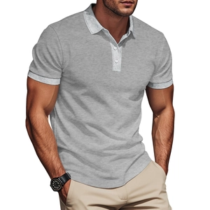 Detail shot of grey knitted texture and light grey contrast trim on short sleeve polo shirt