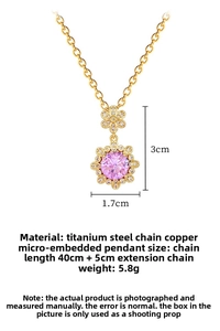 Close-up of pink flower pendant with cubic zirconia and dimensions on titanium steel chain