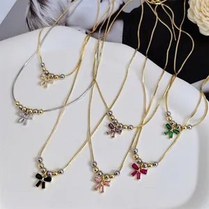 18K gold plated bow necklace with colorful zircon and imitation pearls in six colors