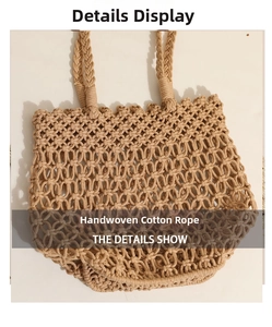 Macro shot of handcrafted cotton rope weaving texture on the hollowed-out shoulder bag