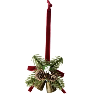 Christmas tree ornaments with vintage metal bells, pine cones and red velvet ribbon hanger