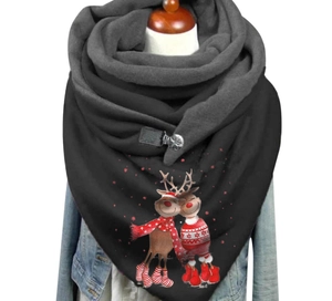 Detailed view of scarf featuring reindeer print and faux leather buckle closure system