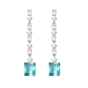 Sparkling zircon square pendant drop earrings with aquamarine blue gemstone in silver finish