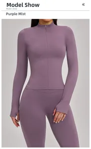 Detail view of mist purple yoga jacket featuring thumbholes and seamless knit texture