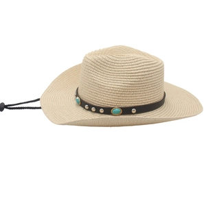 Panama straw cowboy hat with turquoise beaded band and adjustable wind strap for sun protection