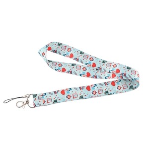 Detail of light blue cartoon medical lanyard with heart and stethoscope patterns