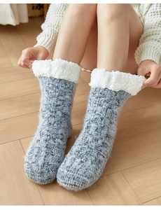 Detail of warm winter floor socks with blue knit exterior and white fleece lining