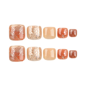 Caramel tone press-on toenails with glitter and lace pattern set for pedicures
