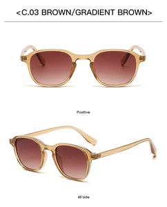Detail view of round frame sunglasses in transparent brown with gradient brown lenses