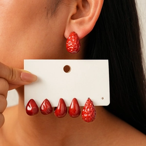 6-piece set of deep red acrylic geometric drop and strawberry earrings for women