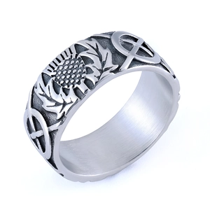 Vintage stainless steel ring with pineapple leaf and floral relief in ethnic style